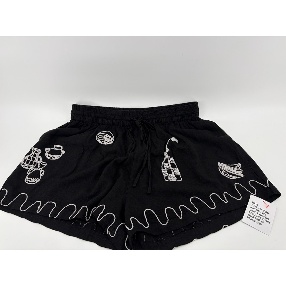 Top Shop Embroidered Shorts In Black/White Beverage & Fruit, Pockets, Women's 16